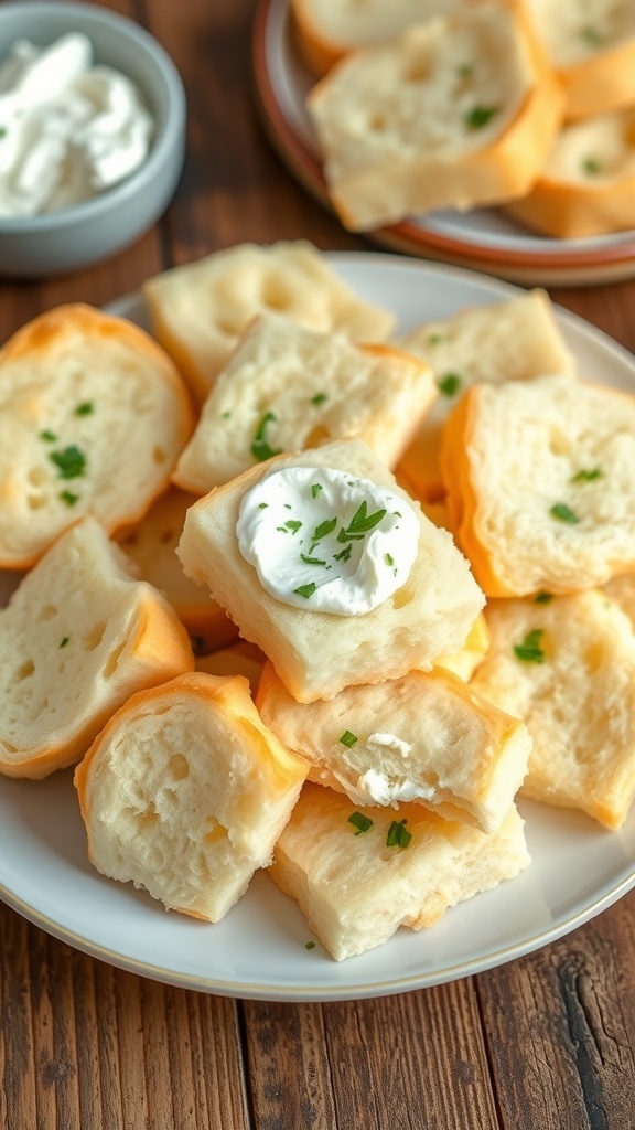 Fluffy cloud bread pieces on a plate, garnished with cream cheese and herbs.